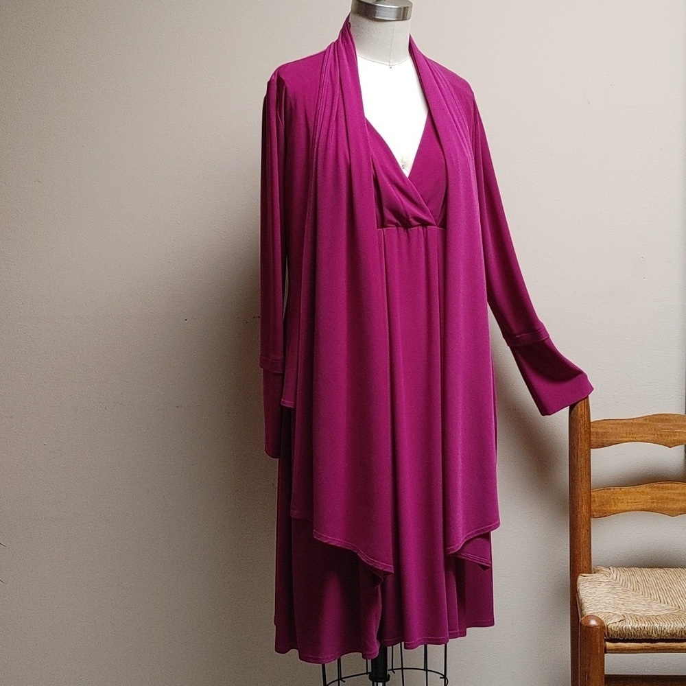 Joseph Ribkoff Cranberry Jersey V Neck Empire Waist Dress Waterfall Jacket Sz 8